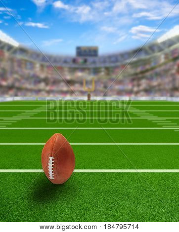 3D rendered American football stadium full of fans in the stands with ball ready for kickoff or field goal on the field. Deliberate focus on foreground and copy space.