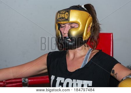 CRACOW POLAND - FEBRUARY 12 2016: Agnieszka Niestoj - talented Polish boxer durning boxing training with coach in the gym. Cracow Poland