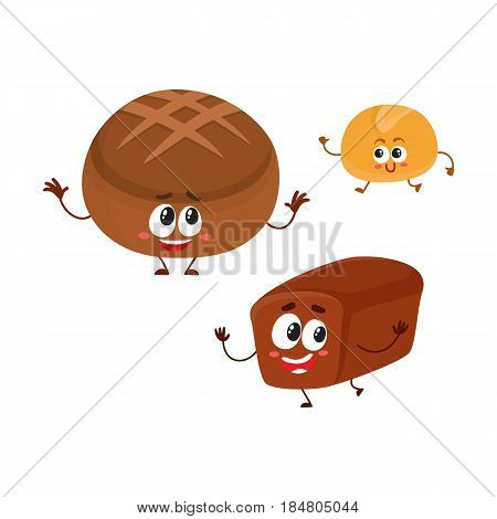 Funny brick and round loaves of whole wheat, dark, brown bread characters with smiling human faces, cartoon vector illustration isolated on a white background. Two bown bread loaf characters, mascots