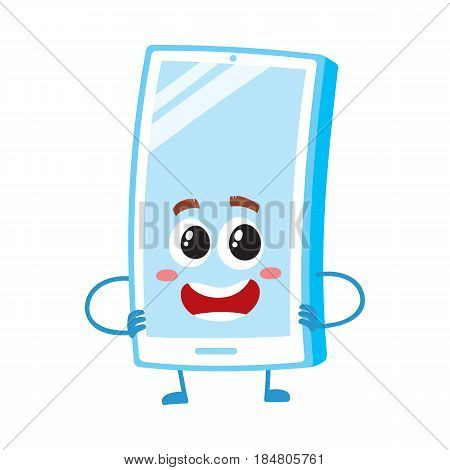 Funny cartoon mobile phone, smartphone character with shiny screen standing arms akimbo, vector illustration isolated on white background. Funny cartoon mobile phone, smartphone character arms akimbo