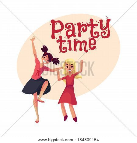 Two girls, one teenager with black ponytails, another blond preschooler, dancing at party, cartoon style invitation, banner, poster, greeting card design. Party invitation, advertisement