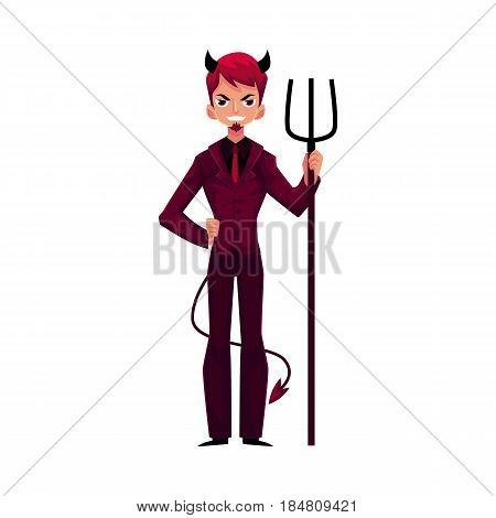 Man dressed as devil devil in business suit with horns, tail and trident, cartoon vector illustration isolated on white background. Male devil character, boss, Halloween costume, business decision concept