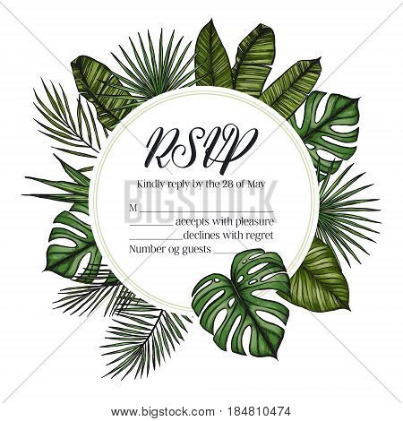 Hand Drawn Vector Illustration - Wedding Invitation Rsvp With Palm Leaves. Tropical Label. Perfect F
