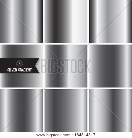 Set of silver foil texture background. Collection grey, chrome  vector elegant gradient. Aluminum industrial pattern design.