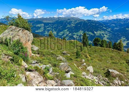 Summer mountain view with green meadow and stones in the foreground. Austria Tirol Zillertal Zillertal High Alpine Road