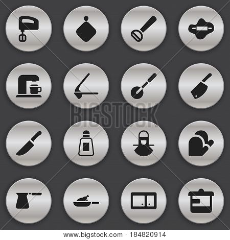 Set Of 16 Editable Meal Icons. Includes Symbols Such As Saltshaker, Kitchen Glove, Agitator And More. Can Be Used For Web, Mobile, UI And Infographic Design.