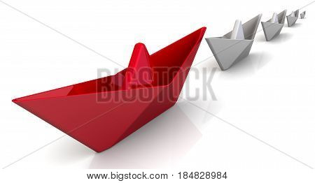 Red and white paper ships lined up in a row on a white surface. Isolated. 3D Illustration