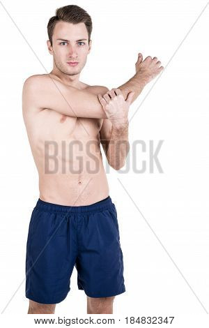 Healthy Lifestyle. Portrait Of A Handsome Guy With A Sporty Naked Body, Warming Up, Isolated On Whit