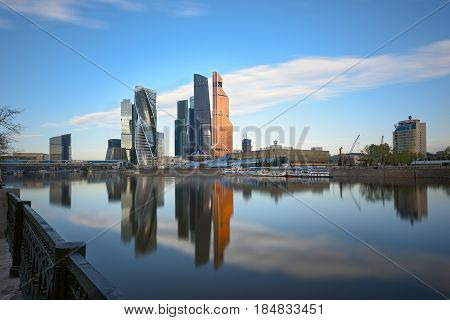 MOSCOW/ RUSSIA - MAY 1, 2017. Moscow International Business Center as seen from the embankment of Taras Shevchenko. Moscow, Russia