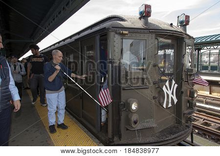 BRONX NEW YORK USA - APRIL 10: Blind man seeks conductor of Low Voltage train at Yankee Stadium station for assistance. Taken April 10 2017 in New York.