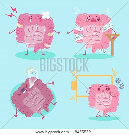 cute cartoon intestines feel pain on green background