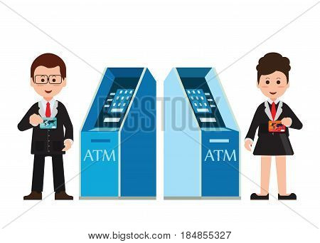 ATM machine money deposit and withdrawal or automated teller or cash machine clients Payment using credit card minibank used by people who using dollar cash or plastic credit cards for financial transactions at interbank network vector illustration.