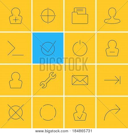 Vector Illustration Of 16 User Interface Icons. Editable Pack Of Remove User, Share, Tabulation Button And Other Elements.