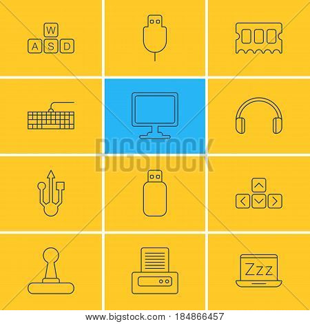 Vector Illustration Of 12 Notebook Icons. Editable Pack Of Headsets, Keypad, Memory Chip And Other Elements.