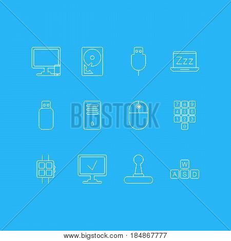 Vector Illustration Of 12 Notebook Icons. Editable Pack Of Game Controller, Mainframe, Modern Watch And Other Elements.