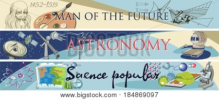 Colored doodle science horizontal banners with with scentific elements objects equipment and tools vector illustration