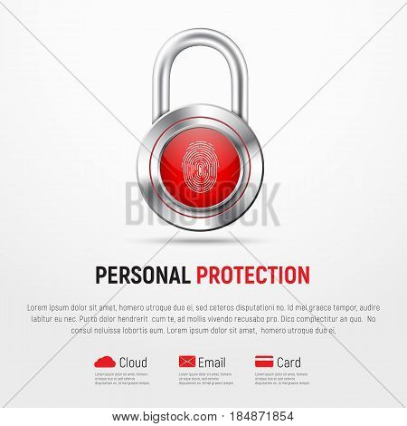 Square White Banner With A Hinged Metal Lock And A Fingerprint.