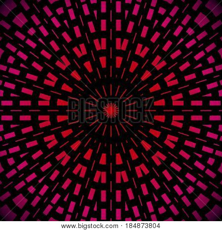 Abstract geometric background. Regular concentric circle ornament red, violet and purple on black, luscious and conspicuous.