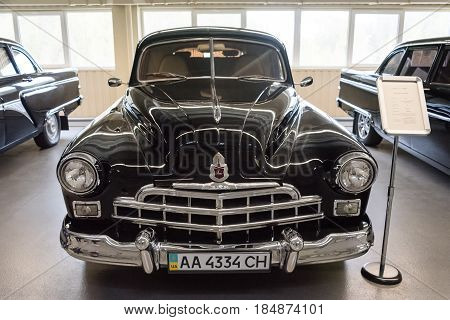 NOVI PETRIVTSI, UKRAINE - APRIL 2017: Classic car with closeup on headlights. The Museum of Old Vehicles in residence of ex-president of Ukraine Viktor Yanukovich.