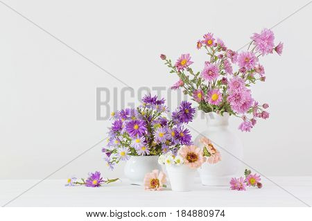 flowers in ceramic vases on white background