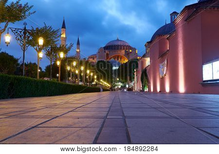 The Night View Of Hagia Sophia From Sultan Ahmet Park, Istanbul