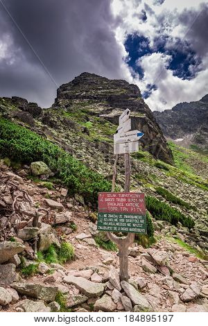 Warning Sign By Trail To Kościelec, Tatra Mountains, Poland, Europe
