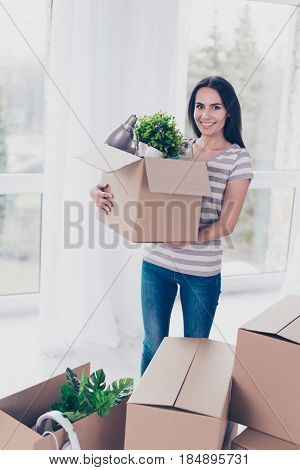 Excited Young Cute Brunette Is Packing Her Stuff At The Boxes To Move To New Place. She Is Happy And