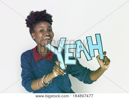 Smiling African Woman Holding Yeah Word