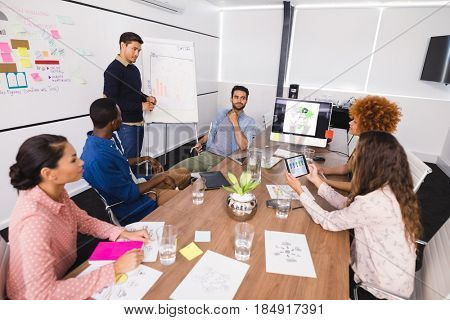 High angle view of creative business people discussing during meeting at office