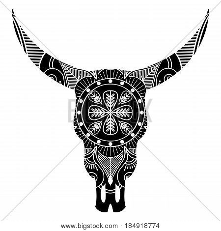 Wild animal skull in black and white  inspired by hand drawn art and native American people tattoos and art with manadala decoration on the top