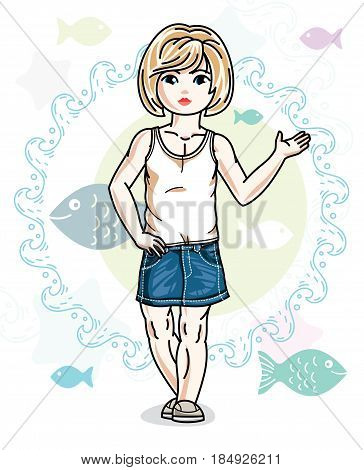 Happy little blonde girl posing on marine background with fishes and wearing fashionable casual clothes. Vector character.