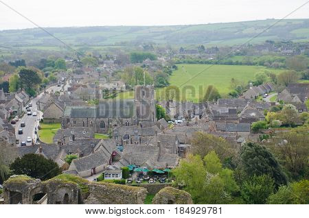 Corfe Castle Dorset United Kingdom -23 April 2017: Corfe village from above
