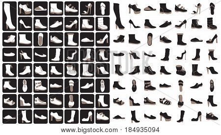 A set of icons on a black and white background: women's men's and children's shoes
