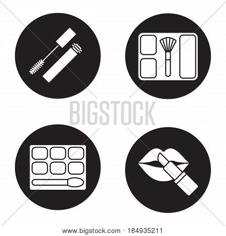 Women's cosmetics icons set. Mascara, eye shadow, blusher, lipstick with lips. Vector white silhouettes illustrations in black circles