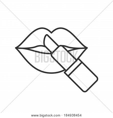 Lipstick with woman's lips linear icon. Thin line illustration. Contour symbol. Vector isolated outline drawing
