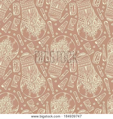 Decorative ornate hand drawn light bulb with bubbles leaves and waves ornate letters idea word and dotts. Seamless pattern. Creative background