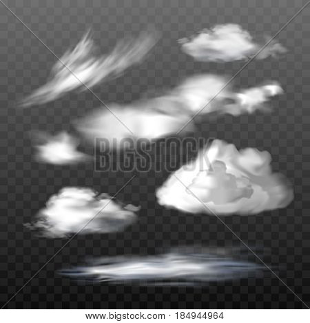 A set of vector illustrations of translucent clouds of various types in a realistic style. Design elements