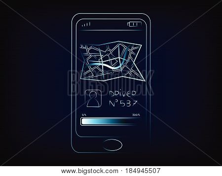 smartphone with driver and map icon on the screen concept of taxi and chaffeur apps (vector on mesh background)