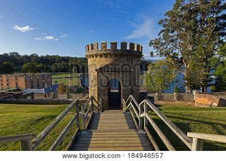 Tasmania, Australia - April 12, 2017 : Guard Tower as a ruin on Settlement Hill at Port Arthur Historic site in Tasmania, Australia on April 12, 2017. It was built in 1842 as military precinct
