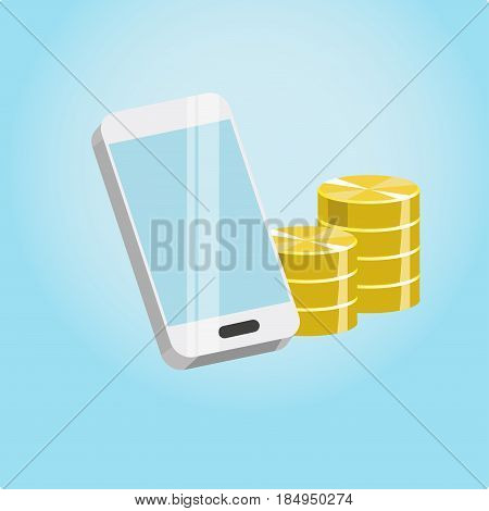 Illustration of a smartphone and coins on a blue background