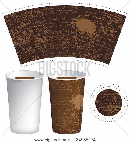 vector template paper cup for hot drink with the texture of manuscript with splashes and spots