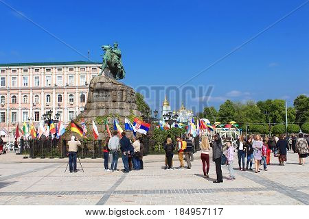 KYIV, UKRAINE - MAY 01, 2017: Monument of Bohdan Khmelnitskiy in fan zone for international song competition Eurovision-2017 on Sofia square in Kyiv