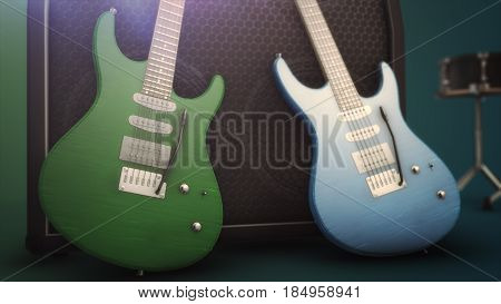 Blue And Green Electric Guitar With Big Close-up 3D Illustration