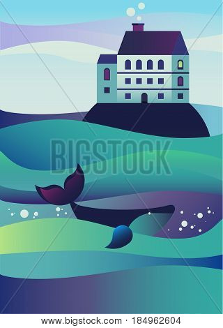 Landscape of the water. Sea wave. House on the rock, Whale. Mountain land. Starfall, moon. Fairy tale, starry night near the sea. Flat illustration. Island