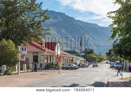 GREYTON SOUTH AFRICA - MARCH 27 2017: A street scene with businesses and a church in Greyton a small town in the Western Cape Province of South Africa