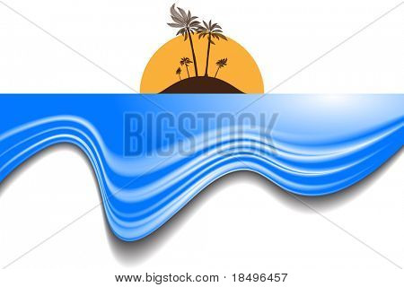Raster - isola tropicale sulla spiaggia con le onde blu al tramonto