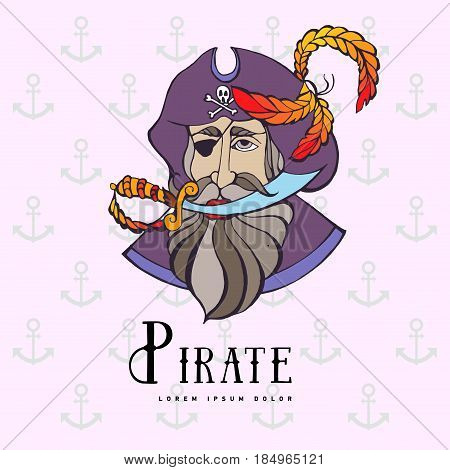 Hand drawing silhouette of a pirate with a knife in his mouth and a hat with feathers, and eye patch, bearded man. Text laybel. Hipster. Old school picture. Dangerous person. Tattoo art