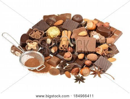 Delicious chocolates isolated on white background. close up