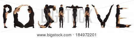Black dressed people forming word POSITIVE on white background