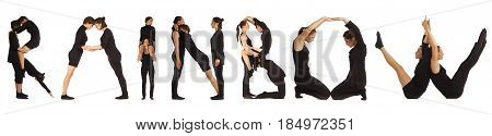 Black dressed people forming word RAINBOW on white background